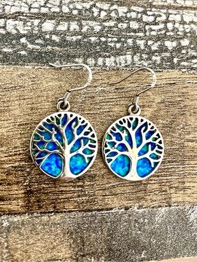Tree Of Life 925 Sterling Silver Hook Earrings, Lab Created Opal